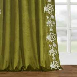Roslynwood Luxury Velvet Olive Green Curtains Back Tab 96 Inches Long, White Flower Embroidered Olive Curtains Farmhouse Country Panels, Window Drapes for Living Bedroom, 52W x 96L Inch, 2 Panels