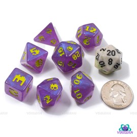 Space Invader D&D TTRPG Resin 7 Piece Dice Set Retro Video Game Font, Shimmery Purple and Yellow-Green (11)