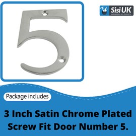 Satin Chrome Door Numbers Screw On 3 Inch Number 5 Door Number Elegant and Bold Door Numerals Suitable for All Door Types Including Wooden uPVC and Composite.