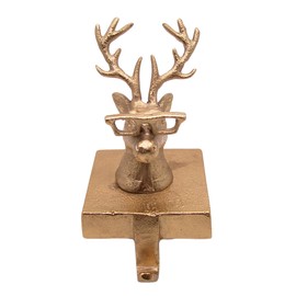 Golden Toned Reindeer Wearing Sunglasses Christmas Stocking Holder, Festive Stocking Holder for Mantle, Holiday Home Decor, 7 Inches Tall