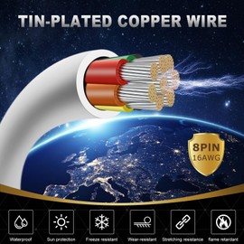 16 Gauge 8 Conductor Electrical Wire, 16.4FT White Stranded Low Voltage 16/8 PVC Case, 16 AWG Tinned Copper 8 Wire Extension Power for Strips LED Lamp Lighting