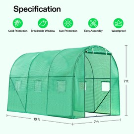 VIVOSUN 10x7x7 Ft. Large Walk in Greenhouse, Greenhouse Tunnel, Garden Plant Hot House with Green PE Cover, Roll-up Zipper Door and Window for Outdoor