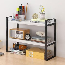 Hbluefat Desktop Organizer Shelf, 2-Tier Multipurpose Wood Office Desk Storage Rack,Small Computer Desk Bookshelf, Cubicle Decor Aesthetic Bookcase for Home Office (White+Black)