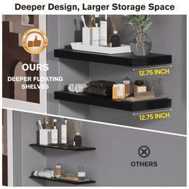 JPND Floating Shelf, Set of 3 Wall Shelf, 30 in W x 12.75 in D x 2 in H Wooden Floating Wall Shelf with Invisible Brackets for Living Room/Bedroom/Bathroom/Kitchen Storage and Decor, Black