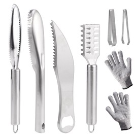 8PCS Fish Scaler Remover, Stainless Steel Fish Scaler with Gloves, Fish Scale Remover Set Fish Scale Scraper Fish Bone Plucking Tweezers Fish Skin Grater Scraper Peeler Brush Cooking Tool for Kitchen