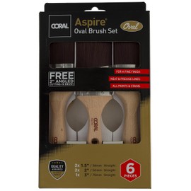 Coral Aspire 6 Piece Paint Brush Set - Professional Firm Straight Cut Oval for Walls - Ultra-Smooth Finish - Trade Emulsion Gloss - Includes 2X 1.5, 2X 2, 3" & 2" Angled Stubby