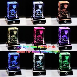Crystal Engraved 3D Rose with I Love You Keepsake with Led Light Base, Gift for Boyfriend or Girlfriend, Unique Valentines Romantic Gifts for Her