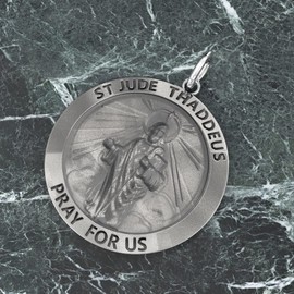 US Jewels Men's 925 Sterling Silver 25mm Saint Jude Thaddeus Round Antiqued Pendant 3.7mm Curb Chain Necklace, 26in