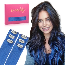 WENNALIFE Blue Clip in Hair Extensions Real Human Hair 30g 6pcs 24 Inch Colored Hair Extensions for Kids Women Colorful Hair Pieces Pop-up Style Straight Extensiones De Cabello Humano Con Clip