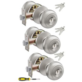 3 Pack Keyed Entry Door Knob Set, All Keyed Same Exterior and Interior Stainless Steel Door Locks, Satin Nickel Front/Entrance Door Knobs Handle