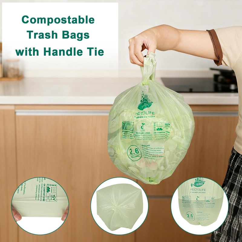 HECTOLIFE 2.6 Gallon 100 Count,Compostable Bags Handle Tie,Tear Resistant Kitchen