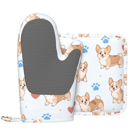 Indokyeyqaz Cute Dog Oven Mitts and Pot Holders Sets, Home Silicone Heat Resistant BBQ Gloves for Kitchen Baking Cooking Grilling Microwave