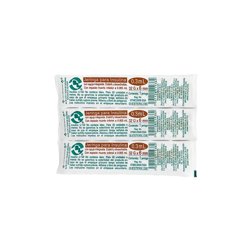 Jeringas para insulina 0.3 mL aguja Extra Delgada 32G X