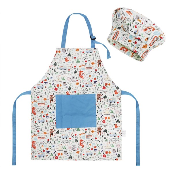 FakeFace Kids Art Apron Chef's Hat Set Cotton Children's Baking Painting Aprons Smocks with Pockets Adjustable Kids Chefs Apron for 4-8 Years Girls Boys Cooking Baking Painting Gardening