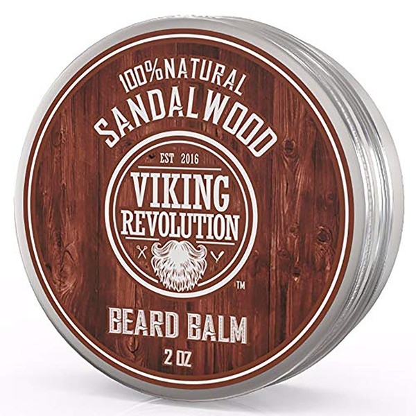 Beard Balm with Sandalwood Scent and Argan & Jojoba Oils- Styles, Strengthens & Softens Beards & Mustaches - Leave in Conditioner Wax for Men by Viking Revolution (1 Pack)