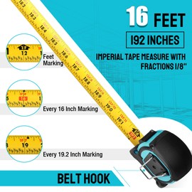 DURATECH Magnetic Tape Measure 16FT with Fractions 1/8, 2 Pack Retractable Measuring Tape, Easy to Read Both Side Measurement Tape, Magnetic Hook and Shock Absorbent Case for Construction, Carpenter
