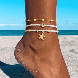 Yoosteel Beaded Ankle Bracelets for Women - Layered Bead Stretch Anklets Gold Starfish Shell Summer Boho Beach Pearl for Women Jewelry