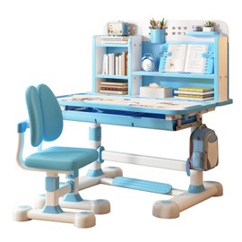 PERZOE Kids Study Desk Chair, Multi Functional Children School Study Table Chair Set with Tilt Desktop Book Stand Storage Drawer,Ergonomic Kids Desk and Chair Set Height Adjustable for Boys Girls Blue