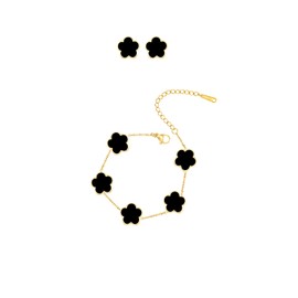 JIEMUCHU Gold Plated Stainless Steel Four Leaf Clover Bracelet and Stud Jewelry Set for Women (Black-Gold Plated)