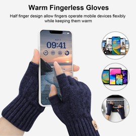ARFNKIM Fingerless Gloves Winter Warm Knitted Stretchy Half Finger Gloves Running Driving Cycling Working for Men and Women (Dark Blue)