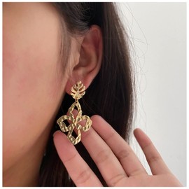 Cimenexe Bohemian Hammered Leaf Earrings Textured Leaf Stud Earrings Gold Raised Flower Drop Earrings Exaggerated Leaf Raised Design Earrings Jewelry for Women and Girls