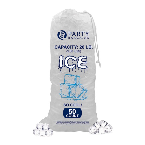 Party Bargains Drawstring Ice Bags 20lb. (50 count) size: 28x14 inch, Heavy-Duty, Puncture-Resistant, Cord Pull Closure, Portable Ice Storage