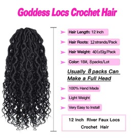 FFDDear 8 Packs Curly Faux Locs Crochet Hair 12 Inch Goddess Locs Crochet Hair River Faux Locs Synthetic Crochet Braids with Curly Hair Boho Style Crochet Braids (#1B)