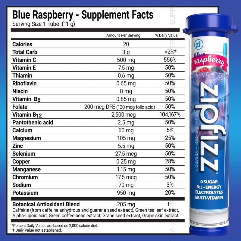 Zip_fizzs Vitamin Energy Hydration Drink Mix, Blue Raspberry Limon Flavors,
