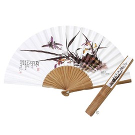 ECSD Korean Traditional Bamboo Hanji Hand Fan + Paper Case Orchid Folding Large Hand Fan Collapsible