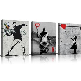 vbojhre Banksy Flower Thrower Grafitti Grey Home Office Wall Art Poker Cards Illustrations Girl with Red Balloon Pop Artwork for Living Room Bedroom Wall Decor Frame 12x16inch 3 Pieces