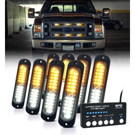 LUMENIX White Amber LED Surface Mount Strobe Flashing Lights Kit w/Controller 8PCS Grille Side Marker Emergency Warning Caution Light Assemblies for Construction Vehicles Trucks, Traffic| Sync Feature