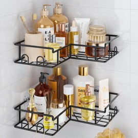 Vinabo Mensola da Doccia Angolare, Organizer Doccia Senza Foratura, 2PCS Mensola Bagno in Metallo con Ganci, Doccia Anti-Ruggine Porta Oggetti da Bagno a Parete, Accessori Doccia