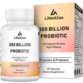 Lifeatlas 300 Billion CFU Probiotics - Probiotics for Women and Men, 12 Probiotic Strains Plus Prebiotic, for Immune & Digestive, Gut Health, Gas Bloating, Shelf Stable - 60 Caps
