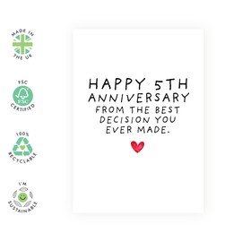 Humorous 5 Years Anniversary Card For Him Her - '5th Anni Best Decision You Ever Made' - Gifts for Babe, Girlfriend, Boyfriend, Husband, Wife - Couple Jokes - Comes with Fun Stickers