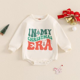 Zukmuk Newborn Baby Boys Girls Christmas Outfit Merry Mini Christmas Sweatshirt Romper In My Christmas Era Letter Embroidery Santa Crewneck Bubble Jumpsuit (Beige, 3-6 Months)