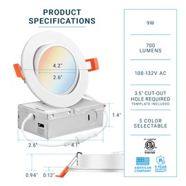 PARMIDA (12 Pack) 4 Inch 5CCT Ultra-Thin LED Adjustable Gimbal Recessed Lighting with J-Box, 2700K/3000K/3500K/4000K/5000K 5 Color Selectable, 9W, Eyeball Canless Slim Panel Lights, Dimmable, IC, ETL