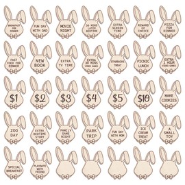 MAYJOYDIY 35 PCS Rabbit Wood Easter Tokens 50x33.5x3mm Easter Tokens with Engraved Sayings Wooden Easter Reward Token for Easter Basket Gift Reward Prize Family Activity Game