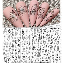 Flower Nail Art Stickers Nail Stickers for Nail Art Designer Nail Stickers,Nail Decor,3D Self-Adhesive Black and White Line Flower Butterfly Flower Totem Leaf Nail Decals for DIY