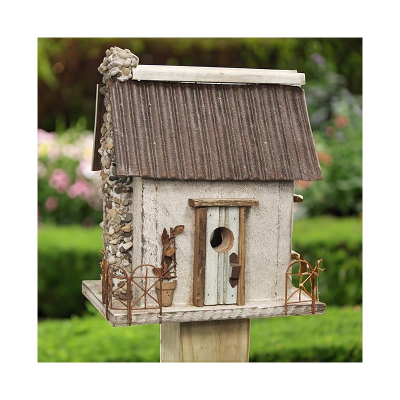 Nature Creations Stone Chimney Bird Cottage, White – Handcrafted Wooden