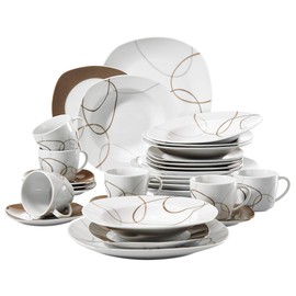 VEWEET 30-Piece Ceramic Tableware Set Brown Lines Patterns Kitchen Dinner Sets with Dinner Plate, Soup Plate, Dessert Plate, Saucer and Mug, Service for 6 (Nikita Series)