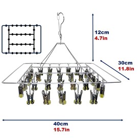 CHERRY GLOBAL Quick Release Rectangle Stainless Steel Laundry Drying Rack with 30 Clips,Swivel Hook Wind-Proof Clothes Hanger Rack for Sock, Bras, Underwear, Laundry Accessories