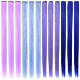 XIRRWWH 12 Pieces 21 Inch Colour Hair Extensions Clip-In Colourful Hair Strands Hairpieces Heat Resistant Straight Multicoloured Hair Accessories for Girls (Light Purple, Light Blue, Lavender, Blue)