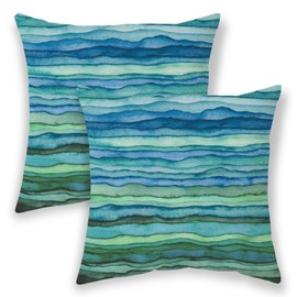 BETGINY Navy Blue Aqua Teal Pillow Covers 20x20,Watercolor Striped Waves Summer Outdoor Decorative Throw Pillows for Couch,Abstract Paint Gradient Sea Linen Decor Cushion Cover 2 Pcs for Bed Car Safa
