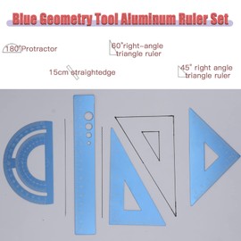 Joyangy 4 Pack Blue Metal Math Geometry Tools Aluminum Alloy Straightedge Triangle Ruler Protractor, Steel Graphic Design Tools Drafting Tool for Student Teacher Metric Drawing and Drafting