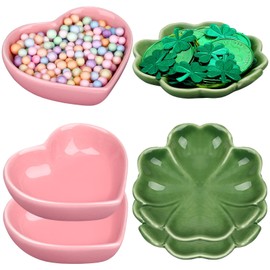 SiliFine 3 Pcs Four Leaf Clover Ceramic Dish and 3 Pcs Heart Shaped Bowl, Ceramic Ring Dish Trinket Jewelry Dish and Heart Shaped Plates Multipurpose Dish Bowl for St. Patrick's Day Valentine Gift