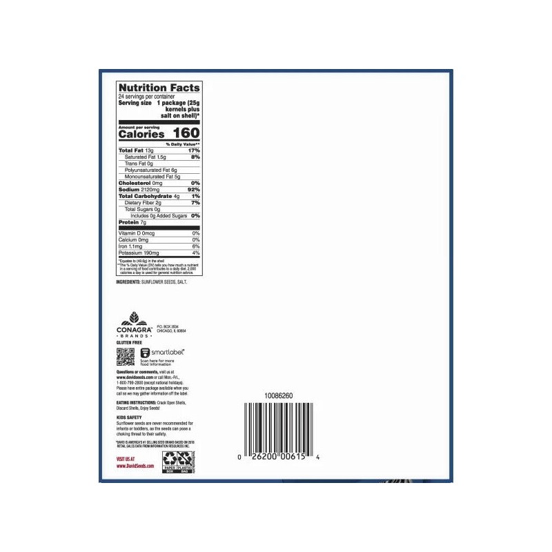 David Original Sunflower In-Shell Seeds, 1.75 oz, 24-count