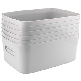 JEUIHAU 6 Pack 30 x 20 x 12cm Grey Plastic Studio Storage Baskets, Large Storage Baskets, Rectangular Storage Baskets with Handles, Handy Baskets Organiser for Cupboard, Bathroom, Office