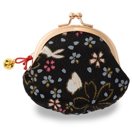 Kyoto Gimidou Kyoto Yuzen Rabbit Pattern Wallet with Bell 2.6 Inch Purse Made in Japan, Black