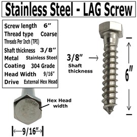 3/8" X 6" - 304 Grade Stainless Steel lag screws, Hex head fasteners, stainless steel screw. Use as Construction, wood, metal, lag screw or mounting screws fasteners lag bolts. Heavy duty screws. (10)