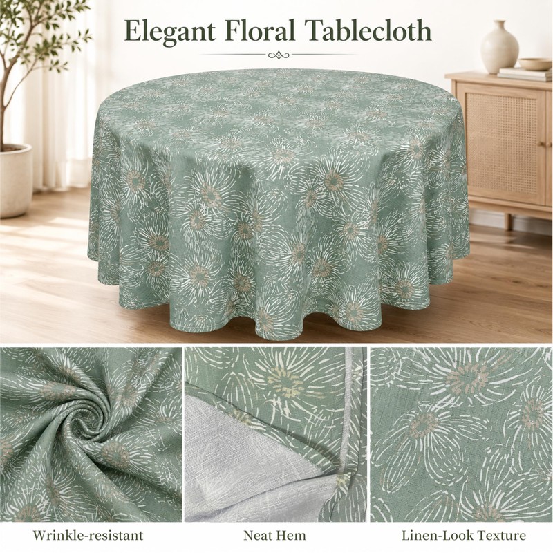 Sage Green Round Tablecloth, Abstract Floral Design, 70 in